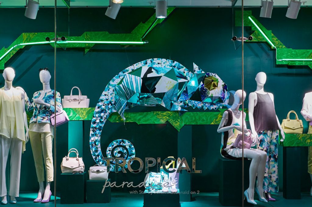A tropical style window display for that was done for Debenhams. Very colourful with various mannequins wearing bright summer clothing. This also shows our hand fabricated and colourful iguana.