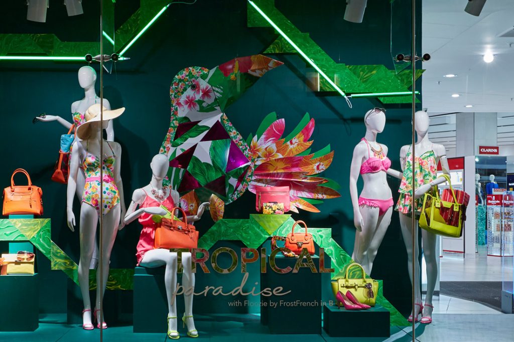 A tropical style window display for that was done for Debenhams. Very colourful with various mannequins wearing bright summer clothing.