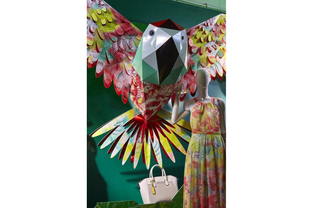 A tropical style window display for that was done for Debenhams. Very colourful with various mannequins wearing bright summer clothing. This also shows our hand fabricated parrot.