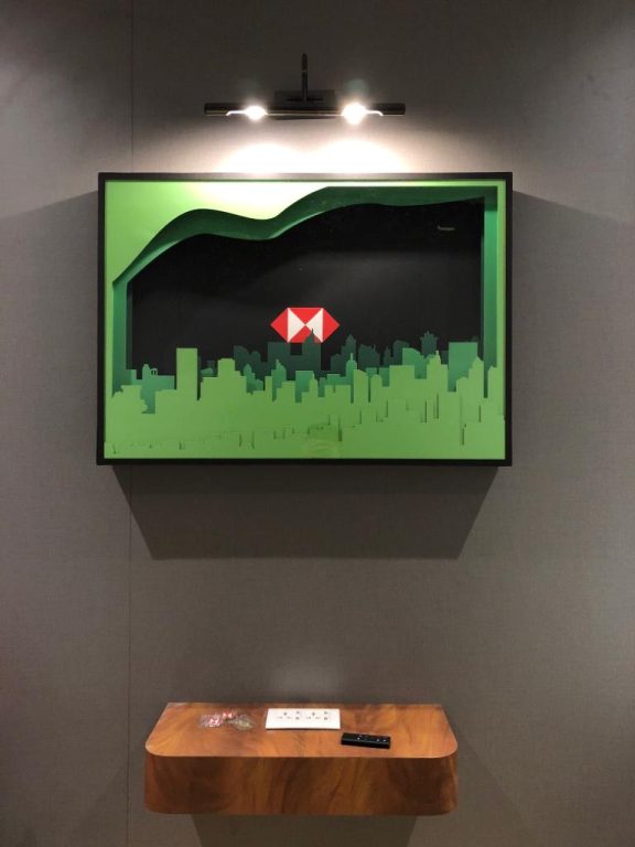 Fabricated display element for HSBC and Davos' 2019 sustainability summit by PW Shop. This one depicts a cityscape but in green.