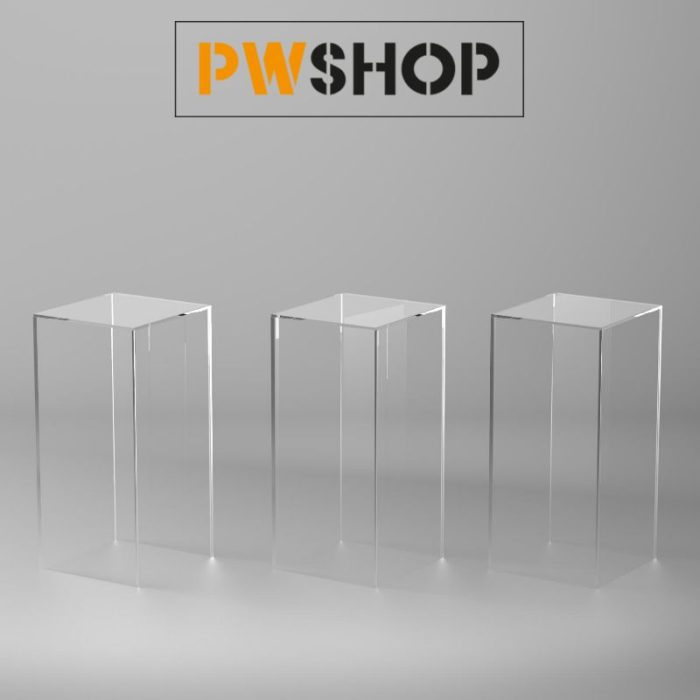 A set of three acrylic plinths. PW Shop logo is also shown.