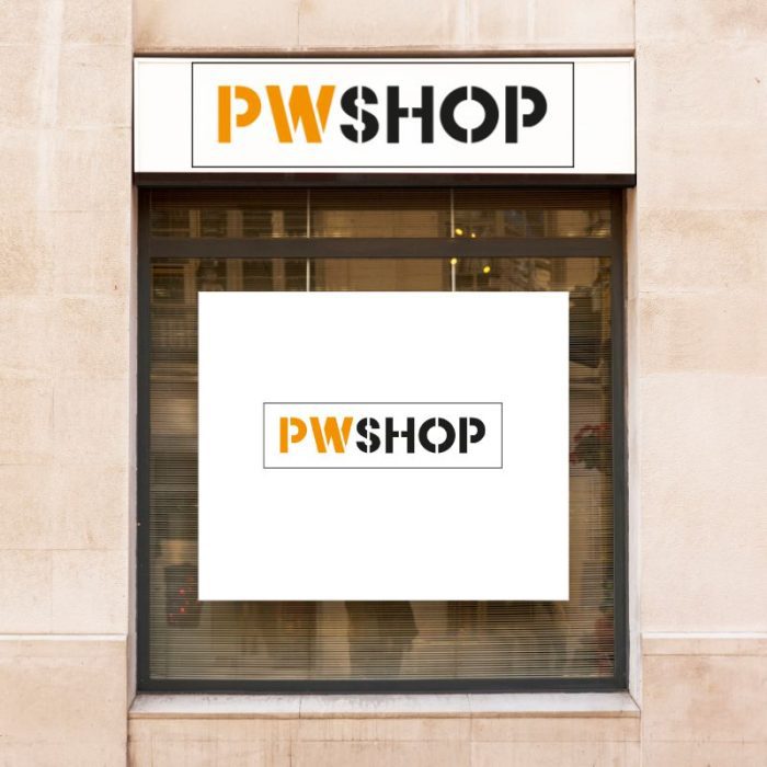 A white display window element with the PW Shop logo on it.