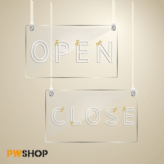 Open and Close hanging window elements, PW Shop logo is also shown.