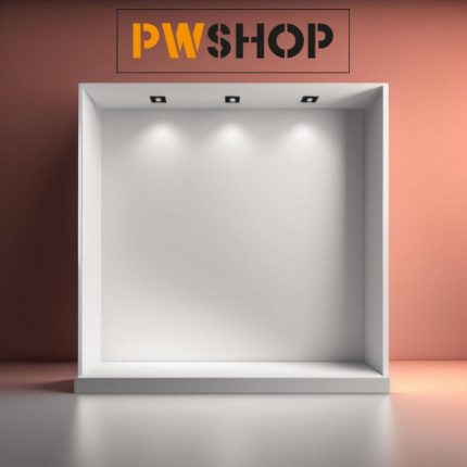 A white and spotlit square backdrop, for an art gallery or product display. PW Shop logo is also shown.