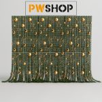 A green Christmas style curtain backdrop. Adorned with Gold Baubles, Bells and Tinsel. PW Shop logo is shown.