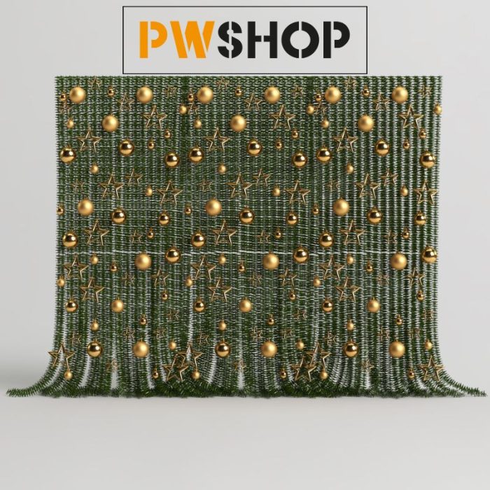 A green Christmas style curtain backdrop. Adorned with Gold Baubles, Bells and Tinsel. PW Shop logo is shown.