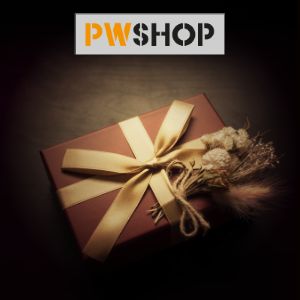 Decorative Brown Gift Box with a Gold Bow and Floral Decoration. Also shown is the PW Shop Logo.