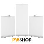 Ecovista Signage by PW Shop. 3 white freestanding signs with the PW Shop logo shown.