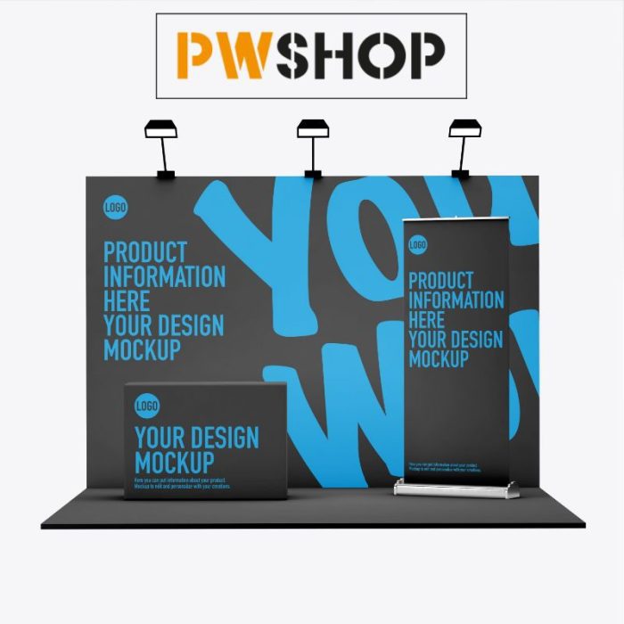 A mockup event backdrop. PW Shop logo is also shown.