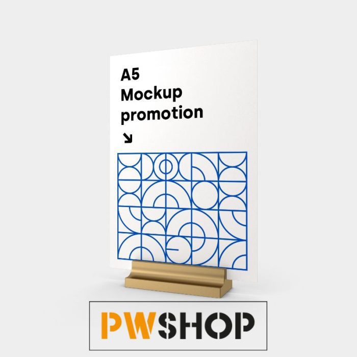 A mock up of an A5 promotional free standing sign. PW Shop logo is also shown.