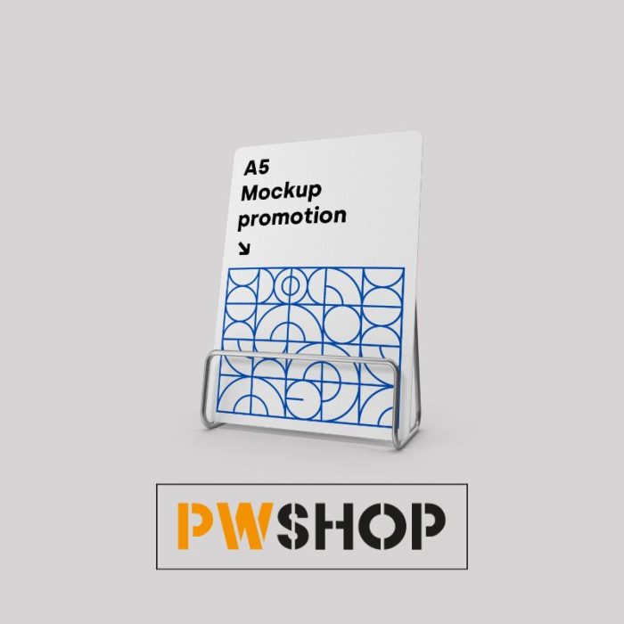 A mock-up acrylic sign holder. PW Shop logo shown.