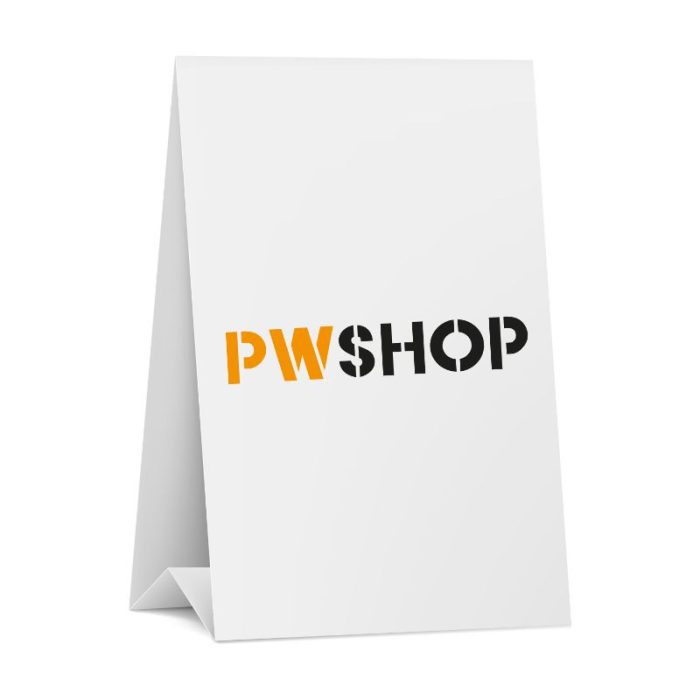 A white cardboard A-Board with the PW Shop logo on it.
