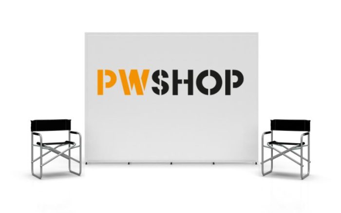 A mockup of an EcoVista signage solution by PW Shop. A white freestanding sign with the PW Shop logo on it. Two director style chairs either side.