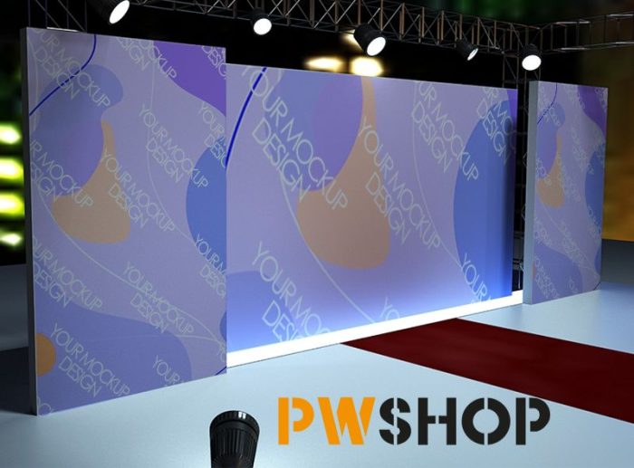 An Event Style backdrop mockup offered in the Crafted Canvas Creation range by PW Shop. Depicts a product launch or art gallery reveal.