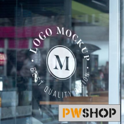 A generic logo mockup of a window element for a store. The PW Shop logo is also shown.