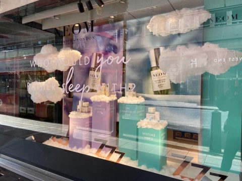 An Elegance Series Plinth display for the Neom cosmetic brand in their store window. Made by PW Shop