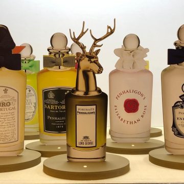 An example of the Elegance Series Plinth and Pedestal range by PW Shop. Circular plinths with Penhaligon brand products mounted on them.