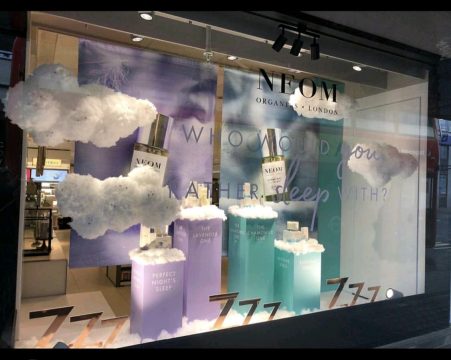 A window element display for the Neom cosmetic brand, created by PW Shop.