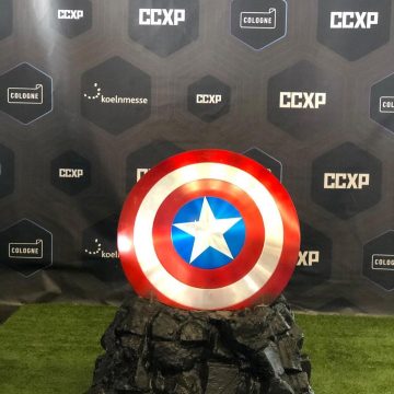 A Crafted Canvas Creation bespoke custom backdrop made by PW Shop. Made for Comic Con. Showing Captain America's Shield.