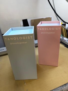 Two examples of custom bespoke Elegance Series plinths made by PW for the Tanologist brand. One green and one pink.
