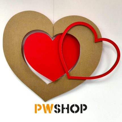 A 'Heart Echo' hanging Valentines decoration in Red. The reverse in card is also shown. PW Shop logo is visible.