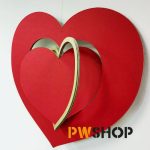 A Red 'Heart Echo' hanging Valentines decoation showing its three parts rotating. PW Shop logo also shown.