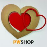 A hanging 'Heart Echo' Valentines day decoration by PW Shop in Red. Reverse in cardboard is also shown. PW Shop logo also shown.